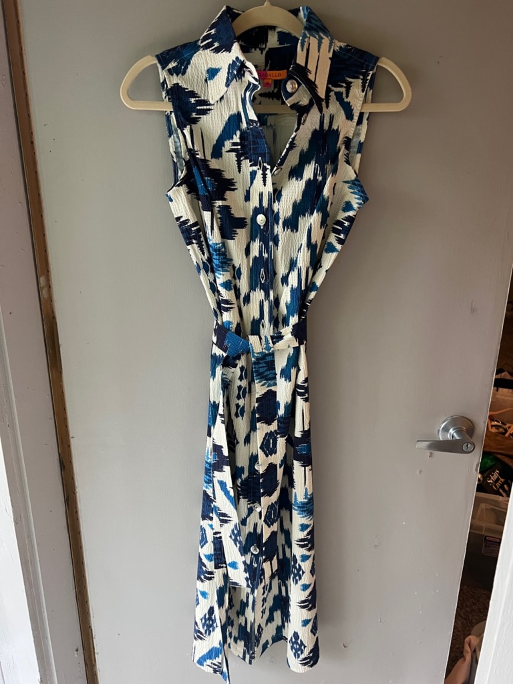 Vilagallo Blue and White Sleeveless Maxi Shirt Dress